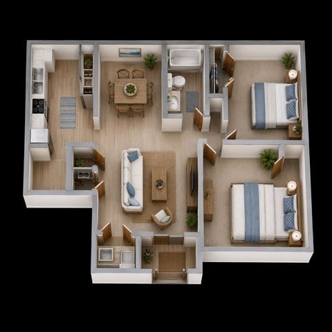 Floor plan for 2 beds, 1 bath, 872 sqft